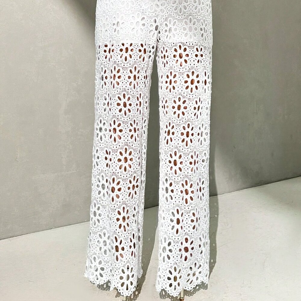 Beige Boho Women's Summer Vacation Beach Lace Crochet Hollow Out Wide Leg Pants - Picture 3 of 7
